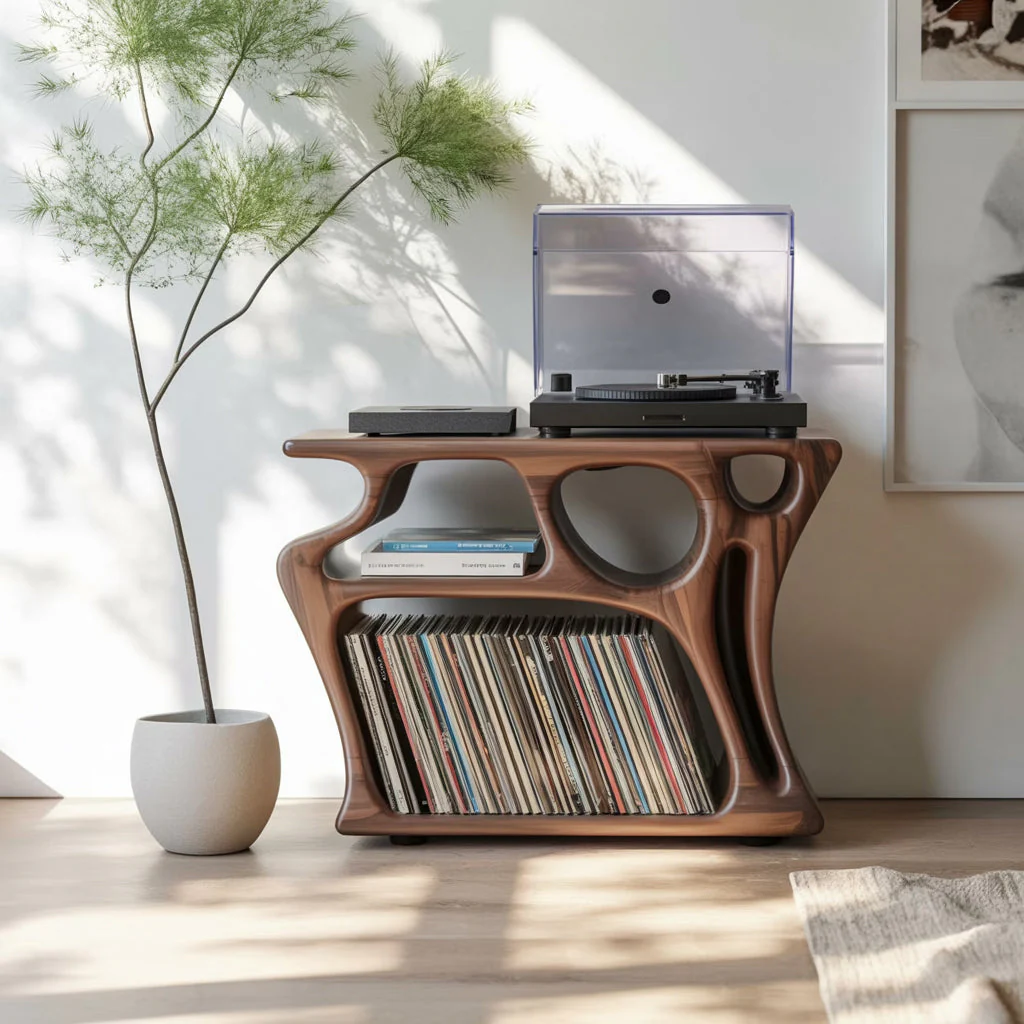 Sculpturale Massief Houten Platenspelerkast met LP-opslag