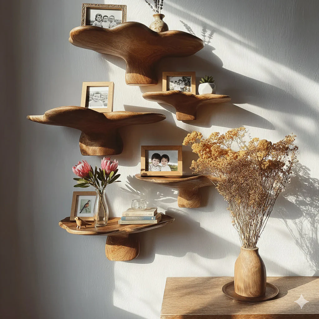 Handgemaakte Rustieke Live Edge Massief Houten Zwevende Plank – Paddenstoel Wanddecoratie