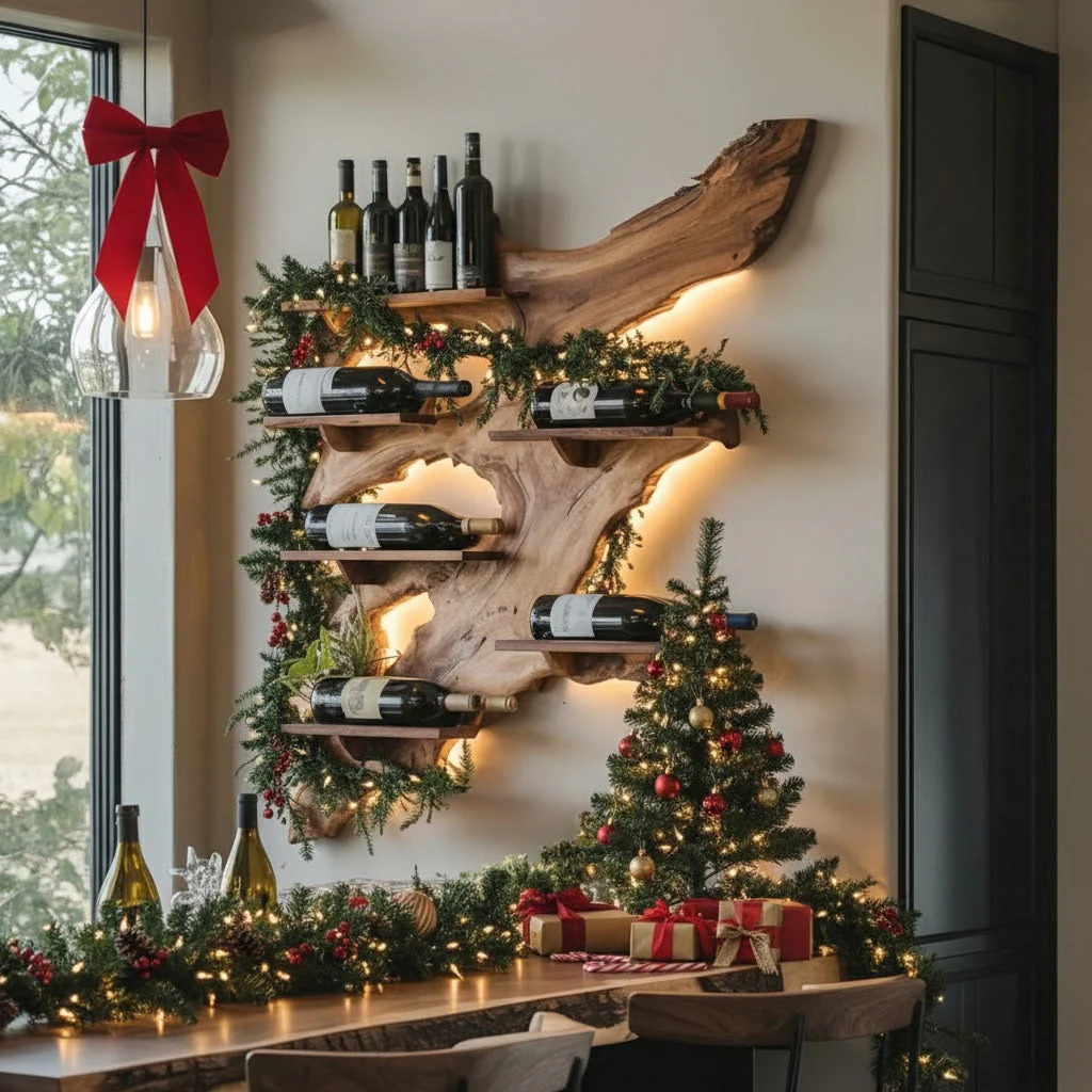 Live Edge Houten Wijnrek – Rustieke Wandplank voor Wijn, Perfect Kerstcadeau
