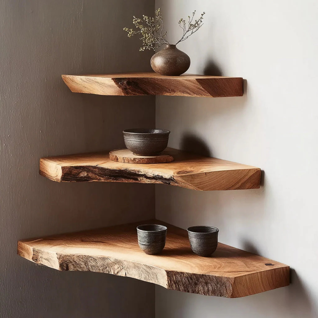 Handgemaakte Rustieke Hoekplanken – Live Edge Massief Houten Zwevende Planken voor Thuisdecoratie