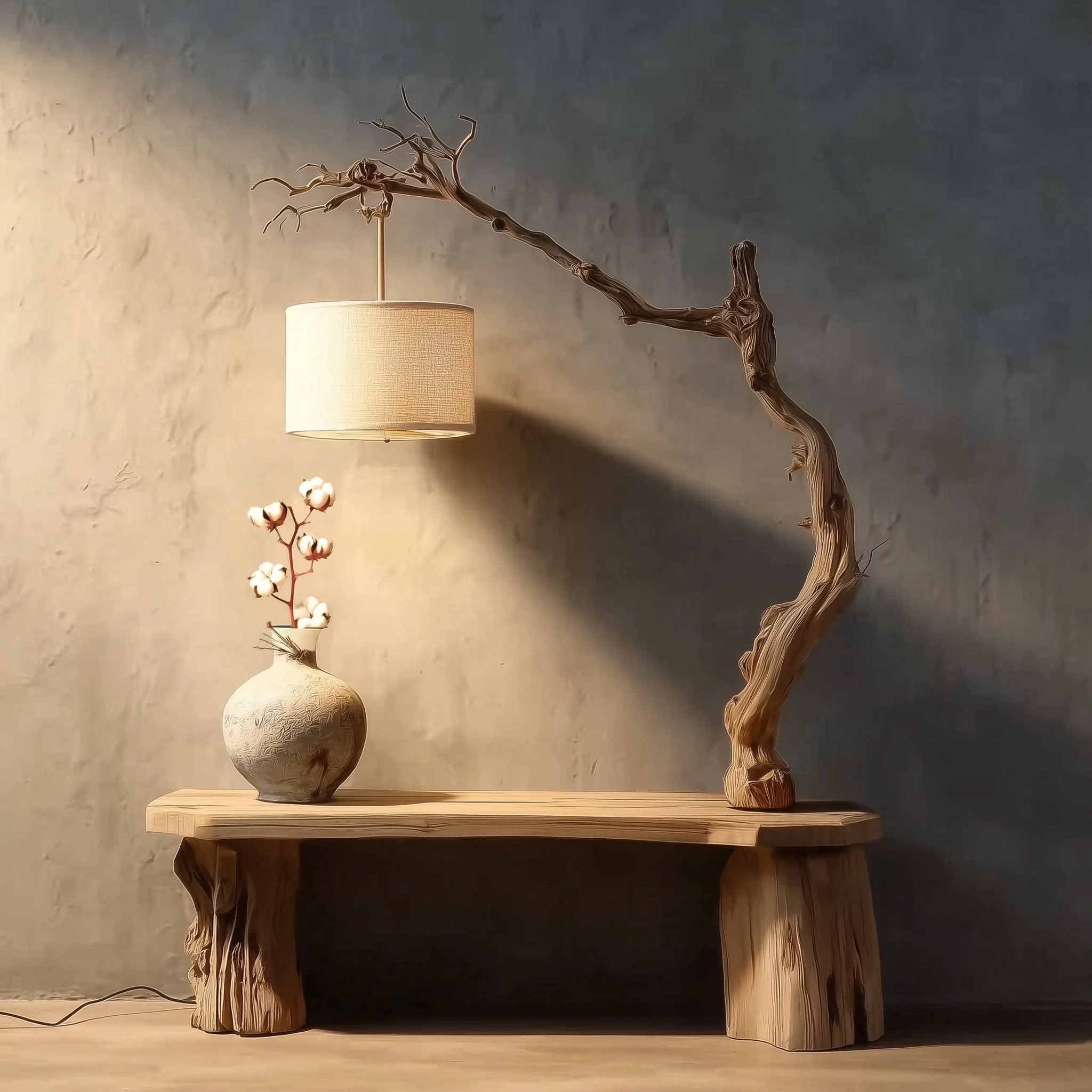Handgemaakte Driftwood Vloerlamp – Rustiek Houten Boomtak, Stoffen Kap voor Woondecor