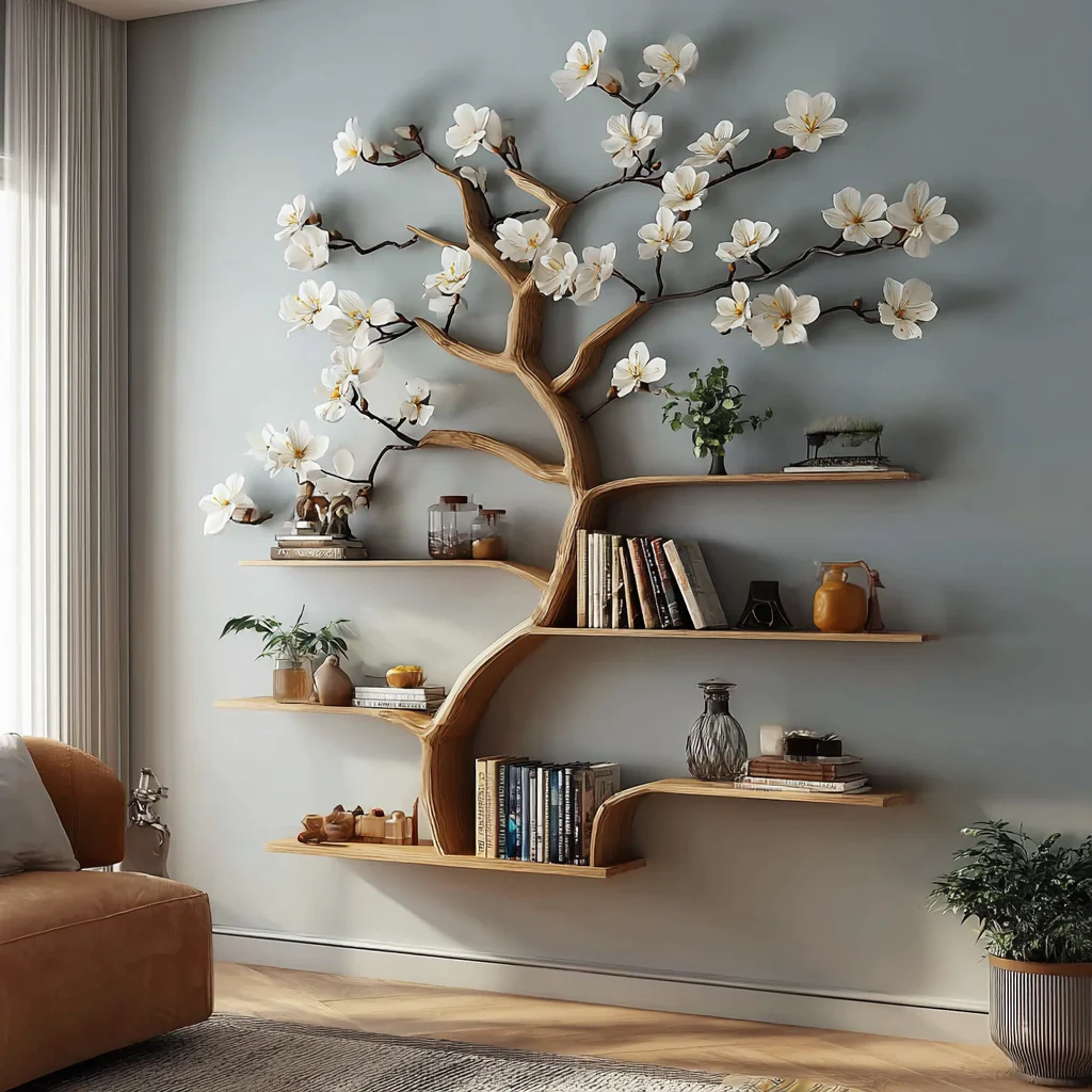 Rustieke Boomvormige Boekenplank – Houten Wandboekenkast Handgemaakt voor Woondecoratie