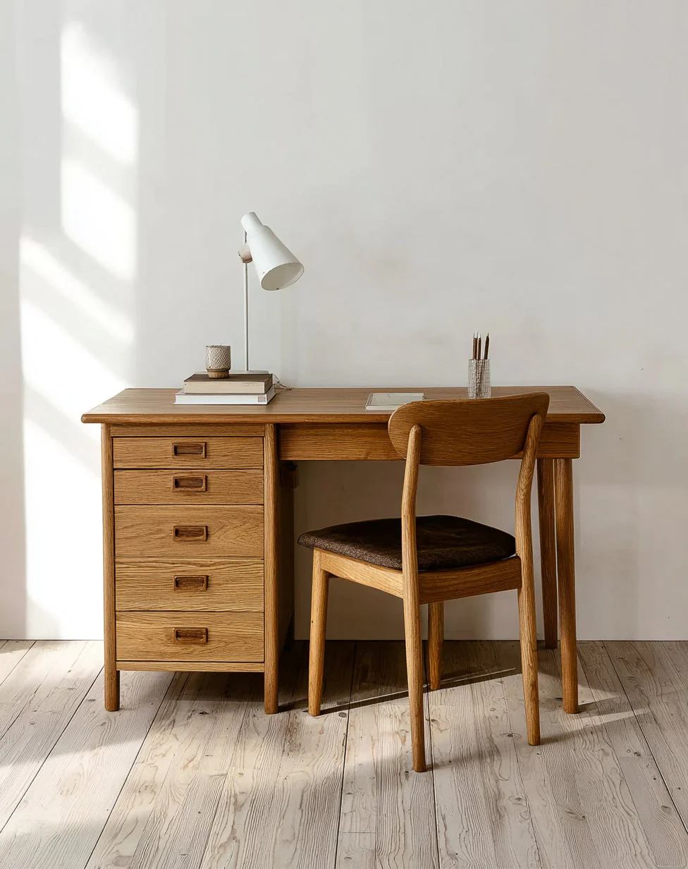 Computertafel Ulm – Uniek Mid-Century Smal Bureau, Massief Eiken Minimalistisch Scandinavisch Meubel