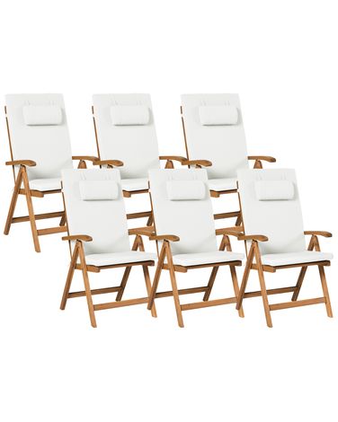 Lot de 6 chaises de jardin avec coussins JAVA PREMIUM Acacia Blanc cassé
