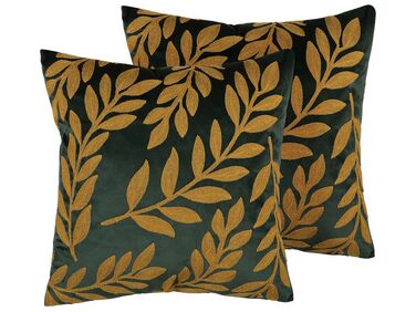 Lot de 2 coussins décoratifs MISTLETOE Velours 45 x 45 cm Vert Doré Motif de plante