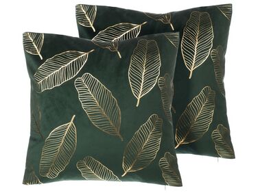 Lot de 2 coussins décoratifs FREESIA Velours 45 x 45 cm Vert foncé Motif de plante