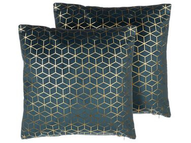 Lot de 2 coussins décoratifs CELOSIA Velours 45 x 45 cm Bleu paon Motif géométrique
