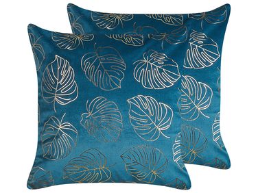 Lot de 2 coussins décoratifs DELICIOSA Velours 45 x 45 cm Bleu Motif de plante