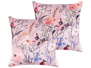 Lot de 2 coussins décoratifs ANEMONES Velours 45 x 45 cm Rose pastel Motif floral