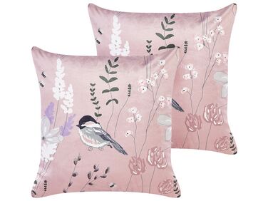 Lot de 2 coussins décoratifs CYCLAMEN Velours 45 x 45 cm Rose pastel Motif floral