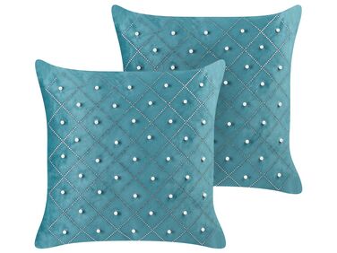 Lot de 2 coussins décoratifs YARROW Velours 45 x 45 cm Bleu paon Motif géométrique