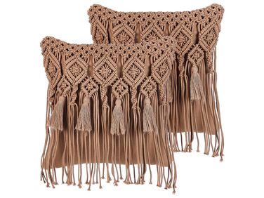 Set of 2 Decorative Cushions BAMIAN Cotton 45 x 45 cm Light Brown Geometric Pattern