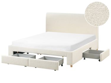 Lit avec tiroirs de rangement Bouclé SOUTRIN 160 x 200 cm Blanc cassé