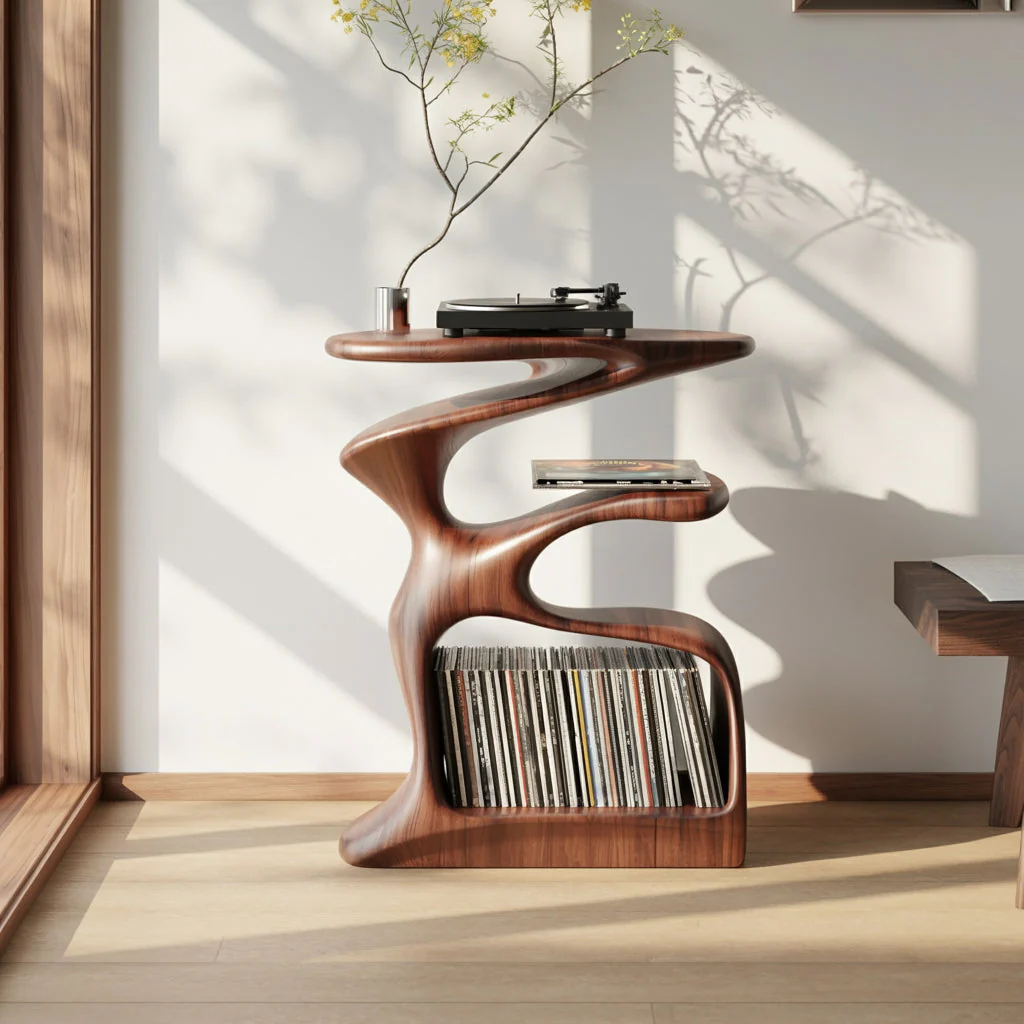 Organische Houten Platenspeler Standaard – Handgemaakte Sculpturale Plank voor Vinylopslag