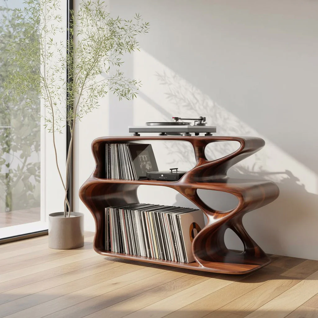 Sculpturale Houten Platenspeler Standaard met Vinylopslag – Organisch Modern Design Meubel