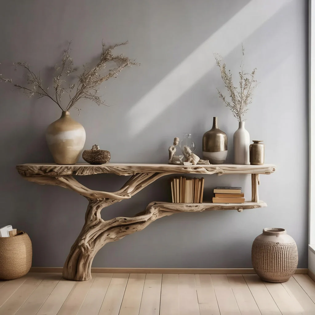 Consoletafel van Natuurlijke Houttak – Handgemaakte Sculpturale Entreetafel