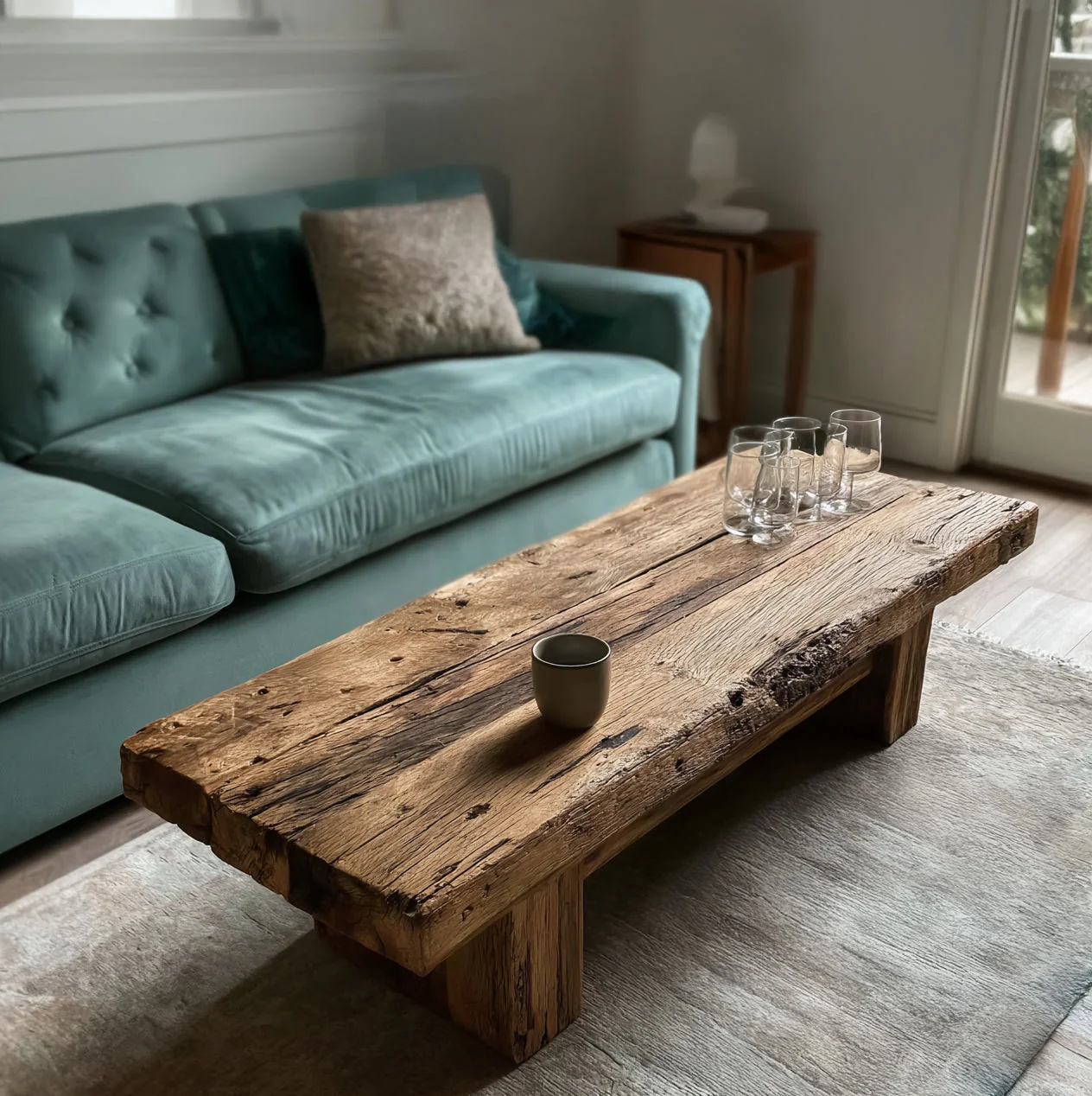 Gerecycleerde Grote Salontafel – Handgemaakte Live Edge Houten Farmhouse Meubel