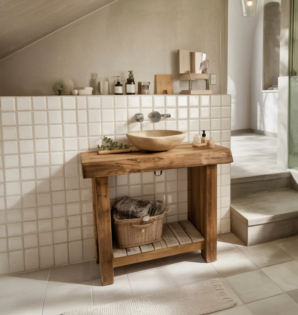Handgemaakt Massief Houten Badmeubel – Rustieke Live Edge Wastafelconsole met Plank