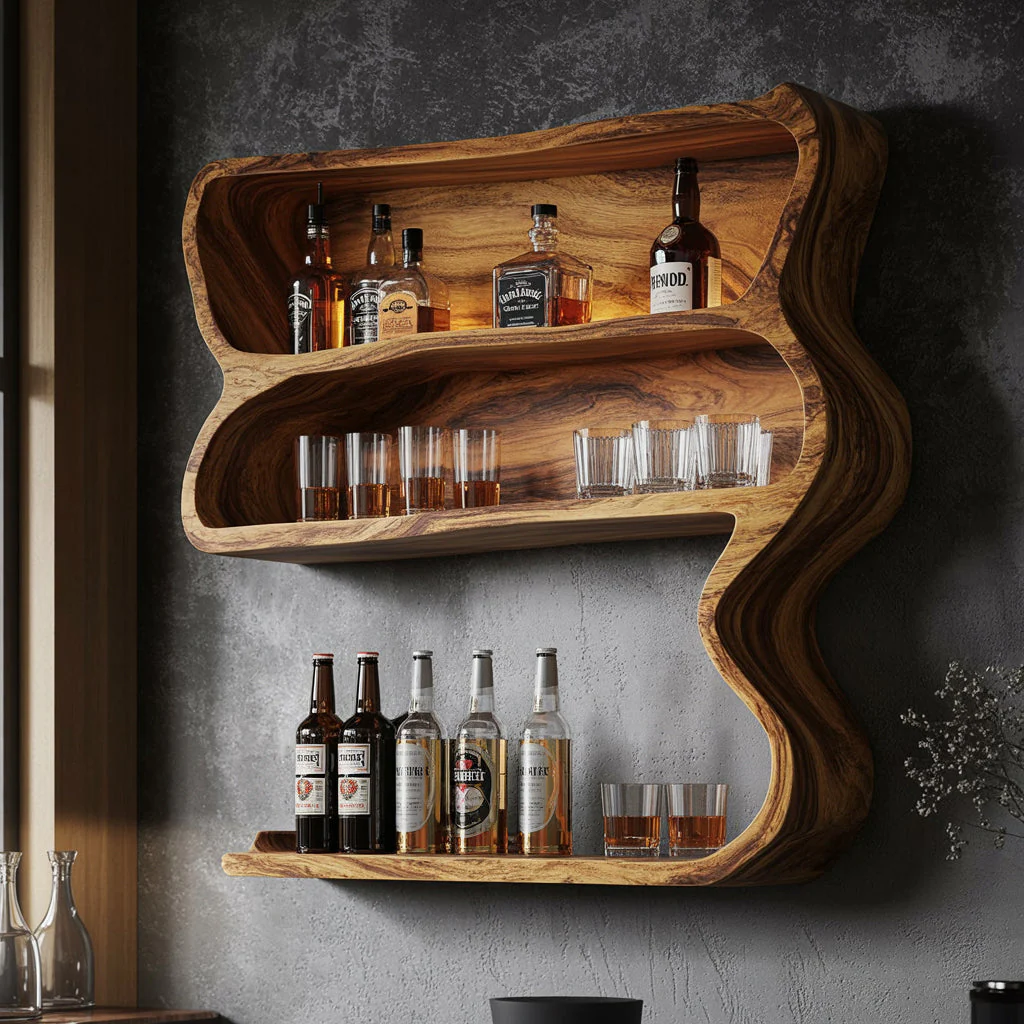 Handgemaakt Bar Wandrek – Drijvende Boomstam Wandplank voor Rustieke Keuken en Woondecoratie