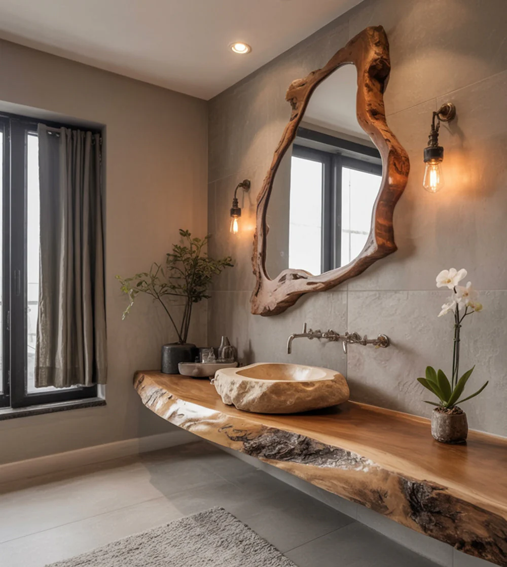Asymmetrische Walnoot Wandspiegel – Uniek Modern Design
