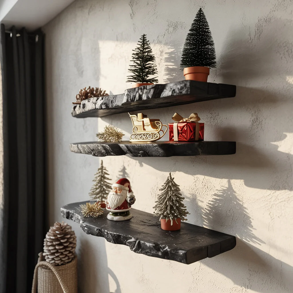 Handgemaakte Zwevende Wandplank van Massief Hout – Live Edge