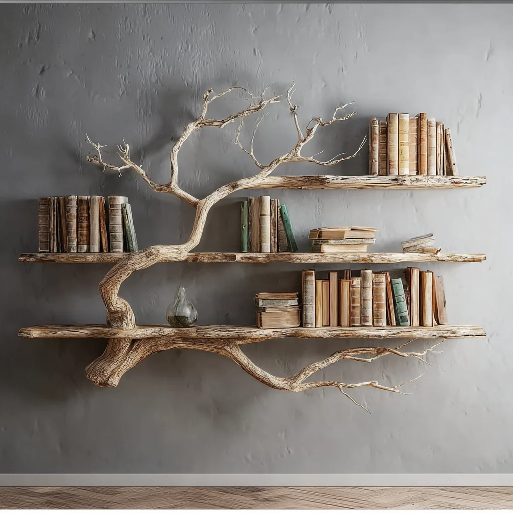 Hoek Boom Zwevende Boekenkast – Drijfhout Boomtak Wandplank, Artistieke Hoekdecoratie