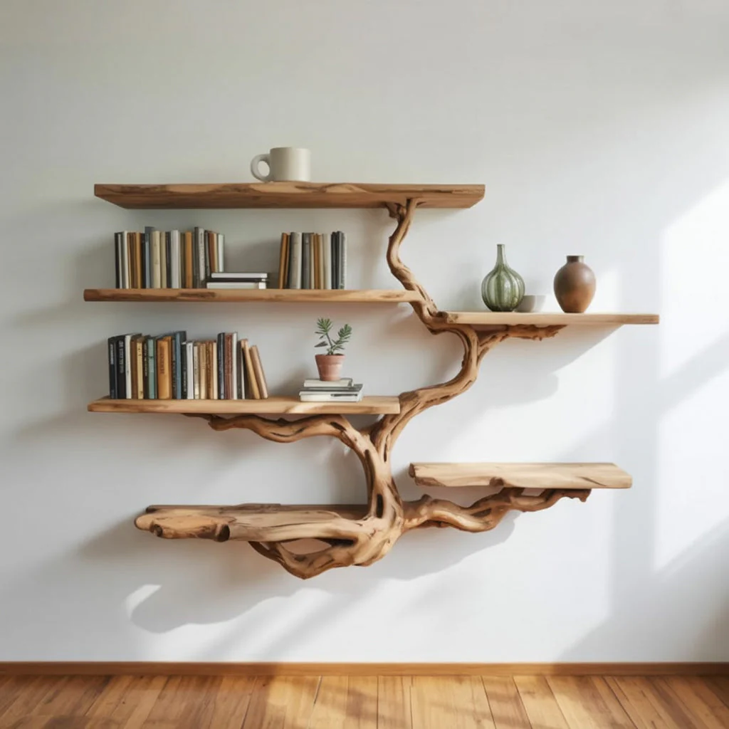 Zwevende Boomtak Boekenkast van Massief Hout – Wandplank