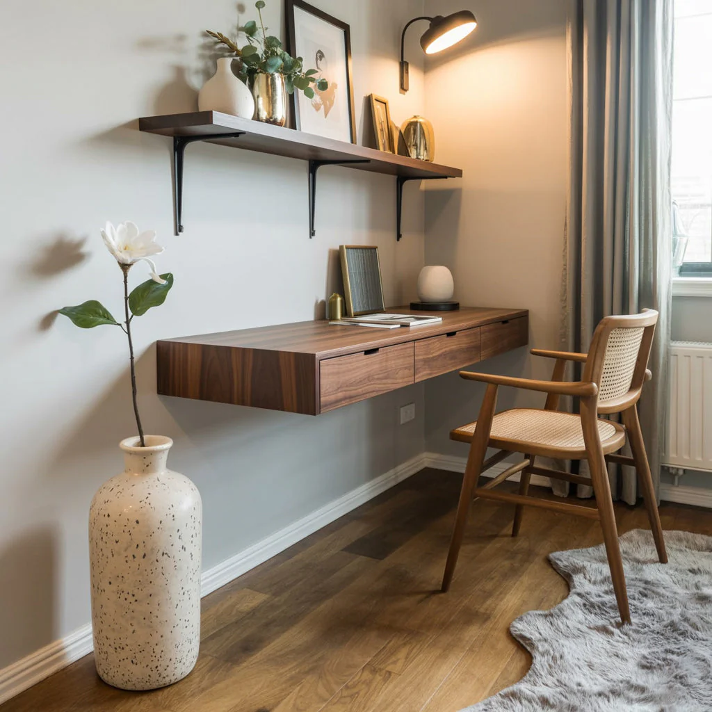 Modern Zwevend Houten Bureau met Opbergladen – Minimalistisch Thuiswerk