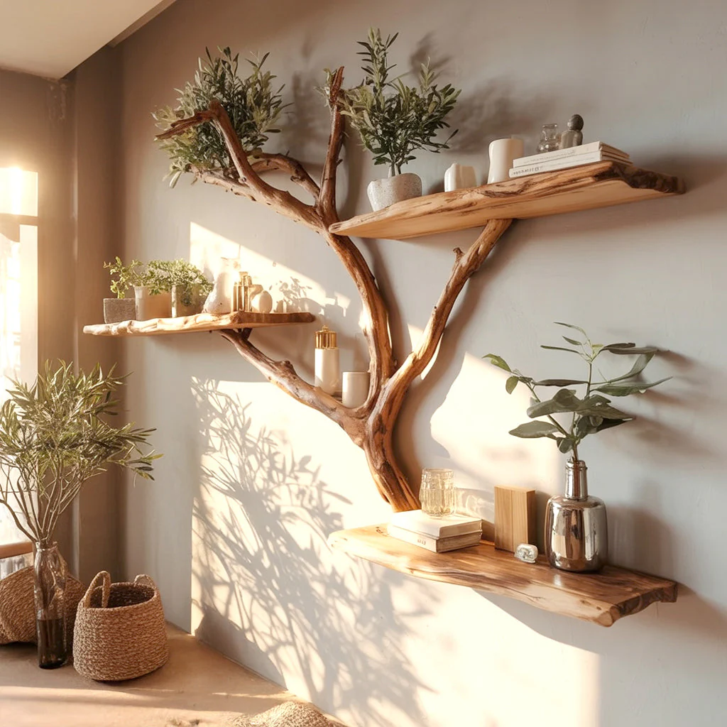 Handgemaakte Boomtak Wandplank – Leefrand Houten Zwevende Plank, Rustieke Huisdecoratie