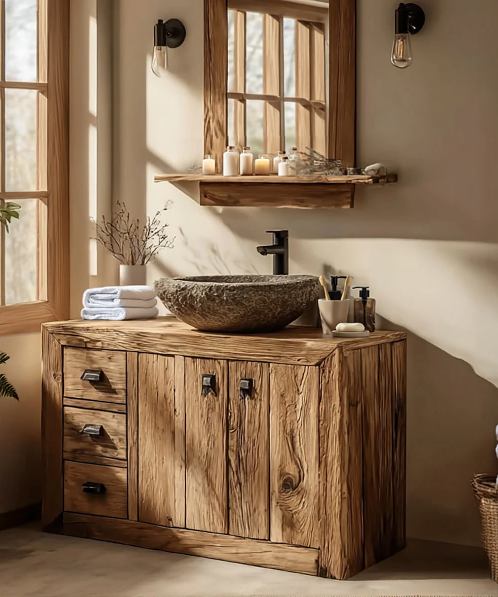Rustiek Farmhouse Meubel met Live Edge – Handgemaakte Badkamerkast van Gerecycled Massief Hout
