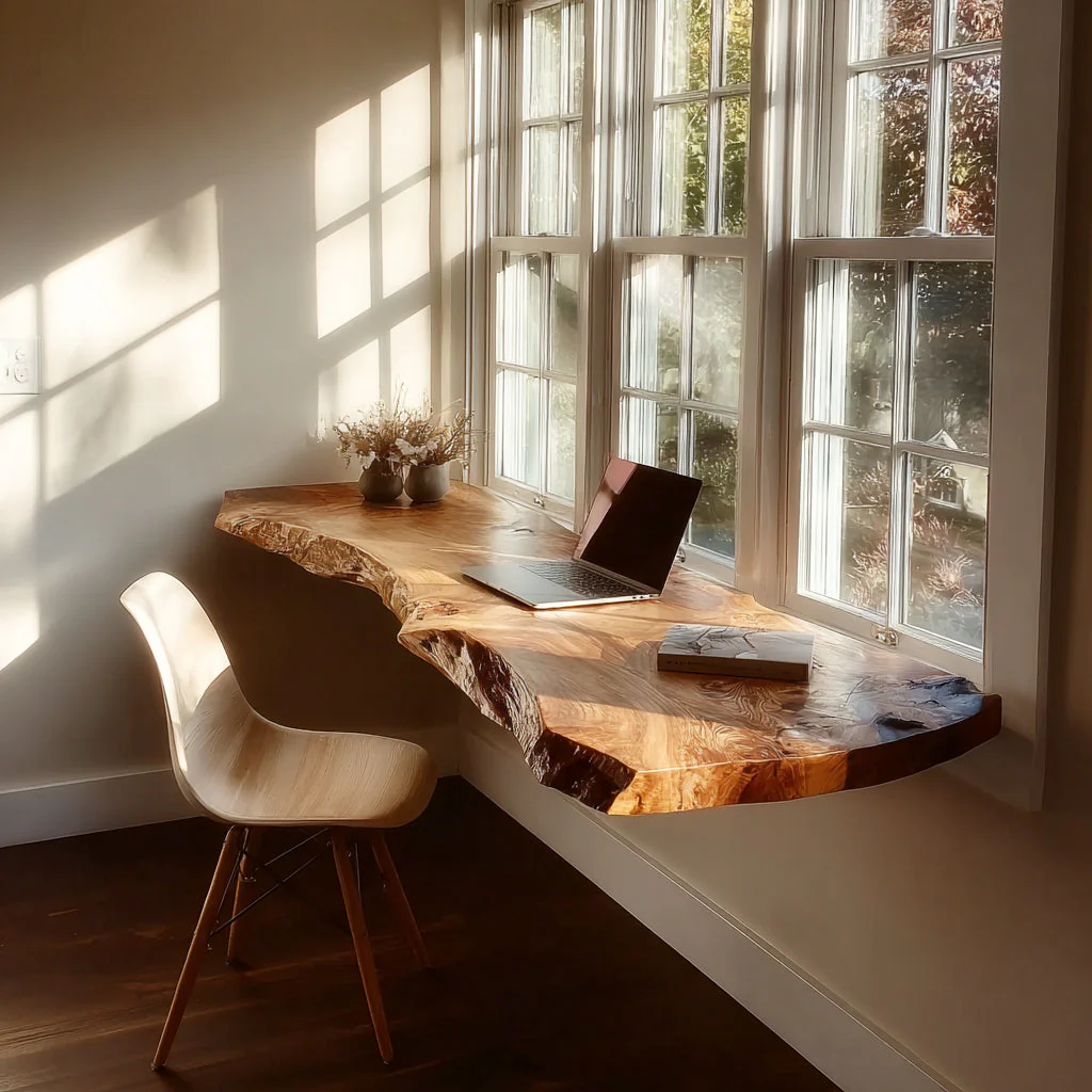 Handgemaakt Live Edge Zwevend Bureau – Natuurlijk Massief Houten Wandbureau voor Thuiswerkplek