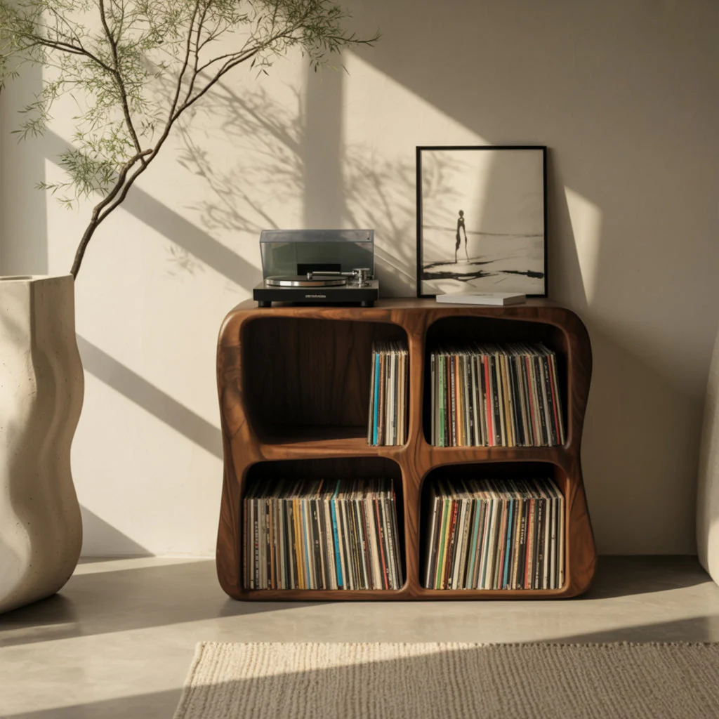 Massief Houten Vinyl Opbergkast – Moderne Sculpturale LP Kast