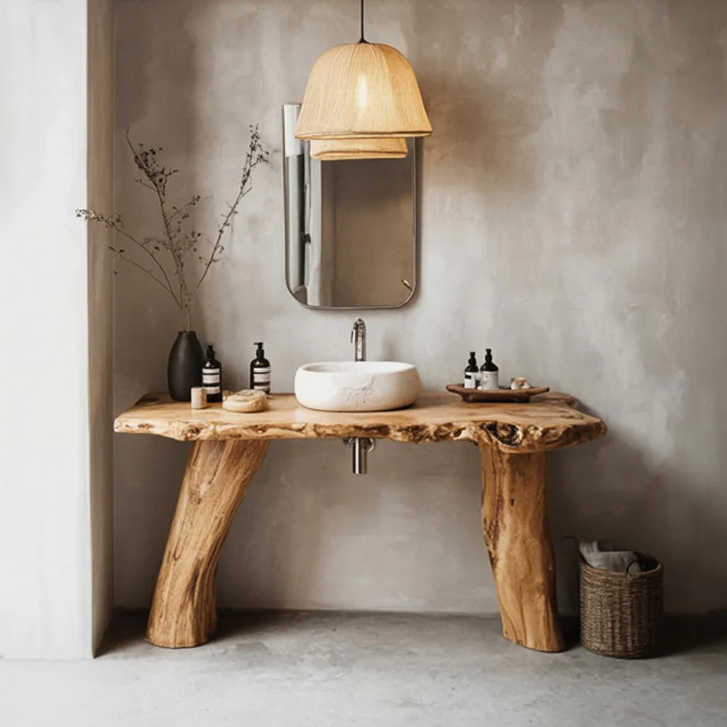 Live-Edge Badkamermeubel van Massief Hout – Natuurlijke Houten Wastafelconsole met Organisch Design