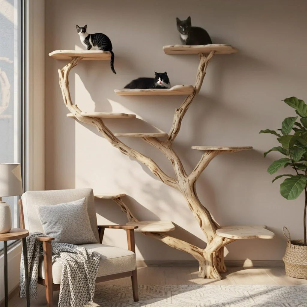 Handgemaakte Massief Houten Kattenboom – Groot Rustiek Kattenmeubel