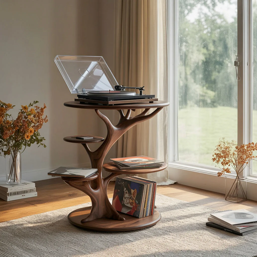 Handgemaakte Houten Platenspelerstandaard – Artistiek Vinyl Meubel