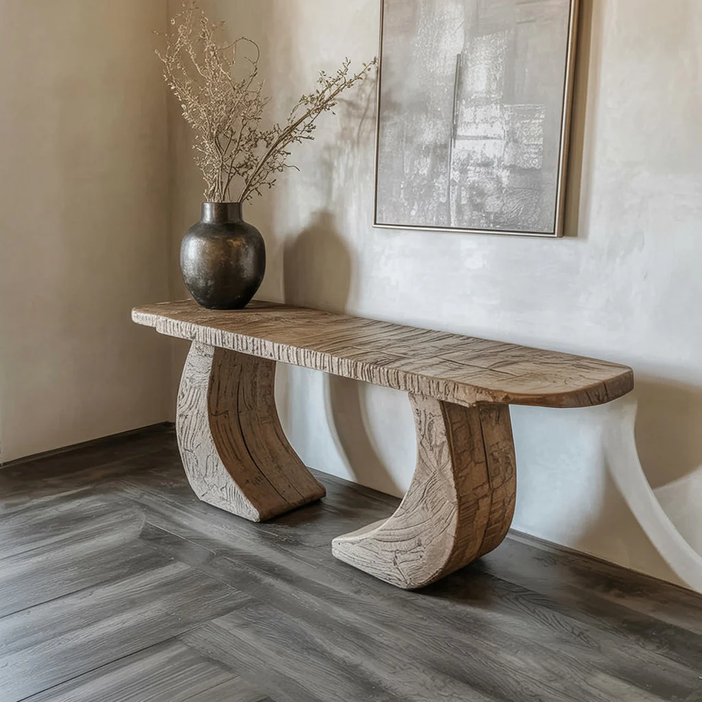 Handgemaakte Sculpturale Houten Consoletafel – Moderne Gebogen Poten Haltafel