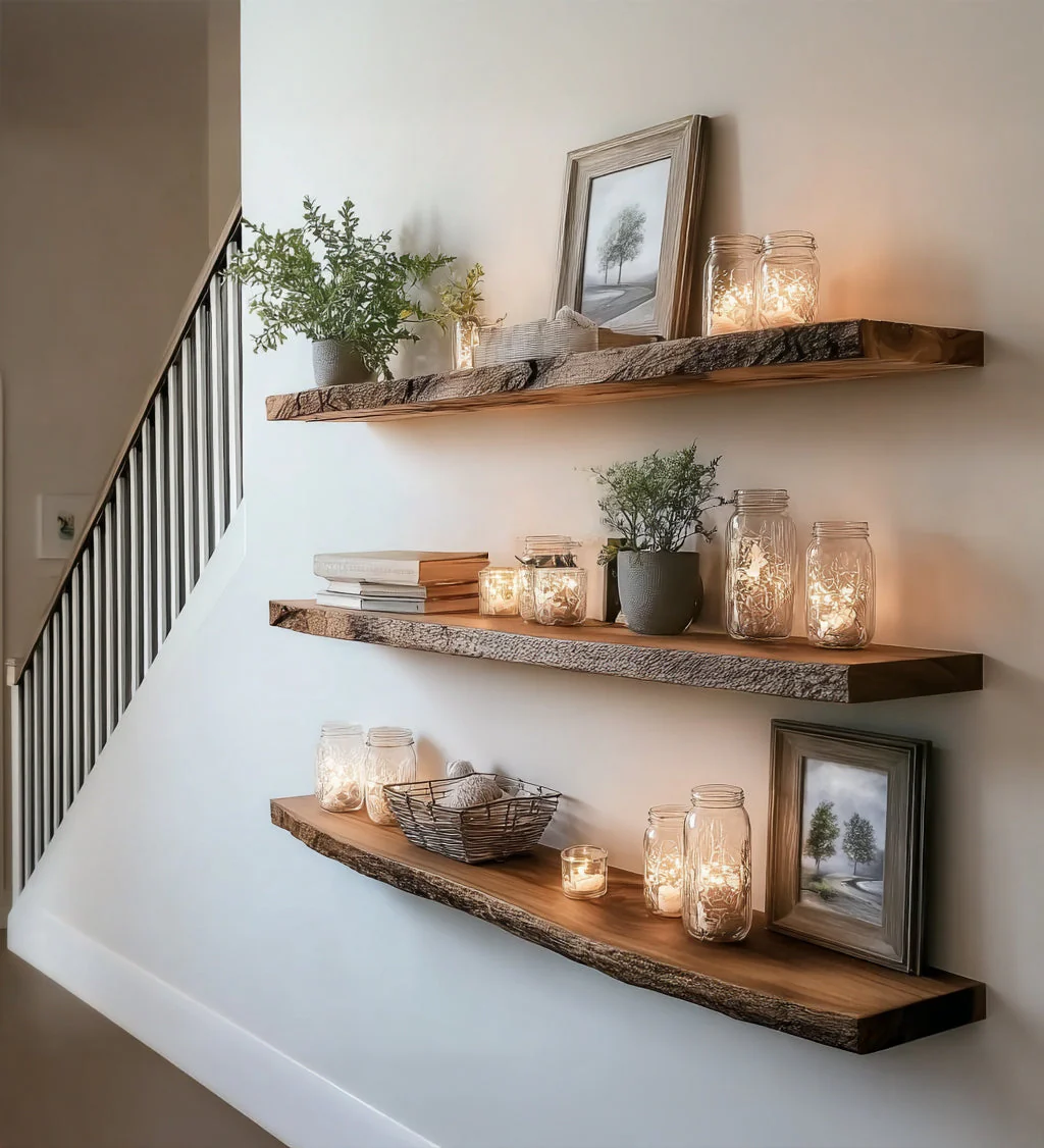 Handgemaakt Massief Houten Zwevende Planken – Live Edge Rustiek Wandmeubel voor Thuisdecoratie