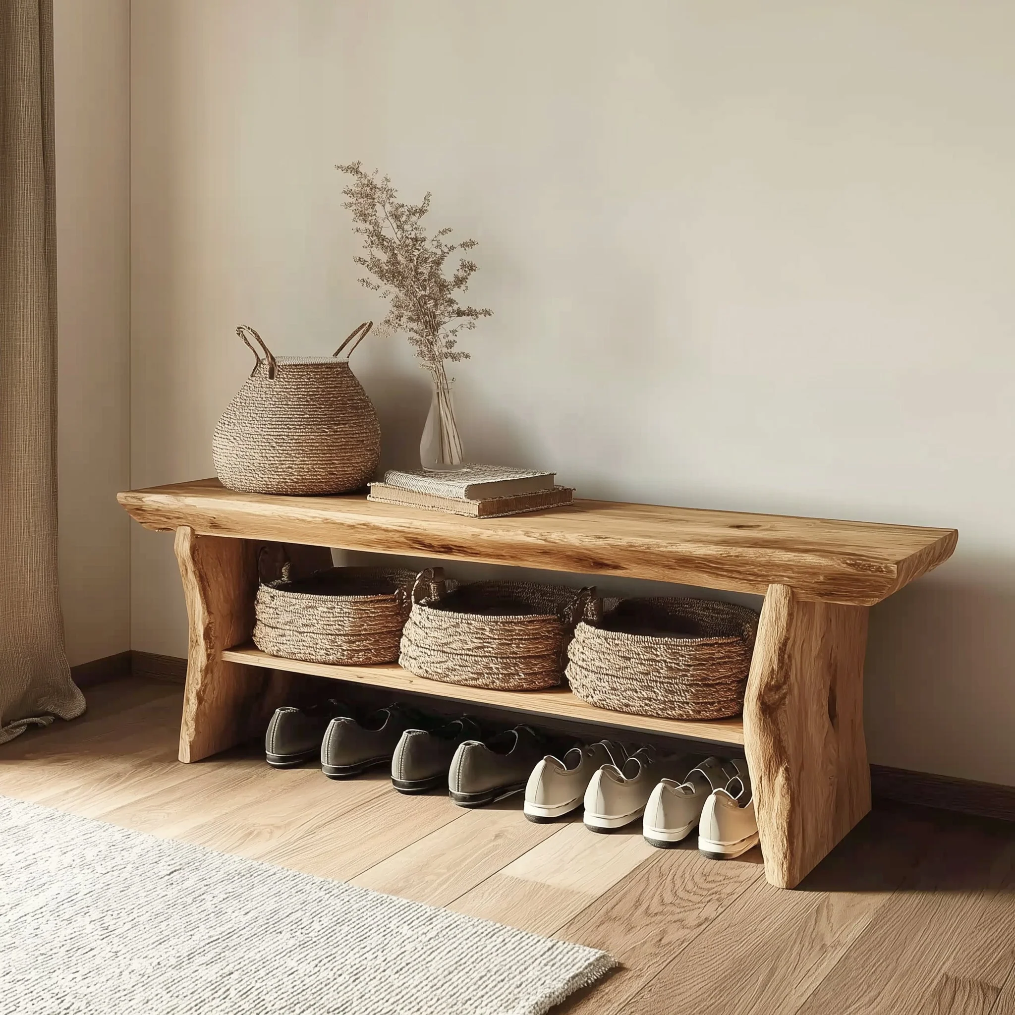 Handgemaakt Massief Houten Bank – Live Edge Meubel voor Entree of Hal met Plank