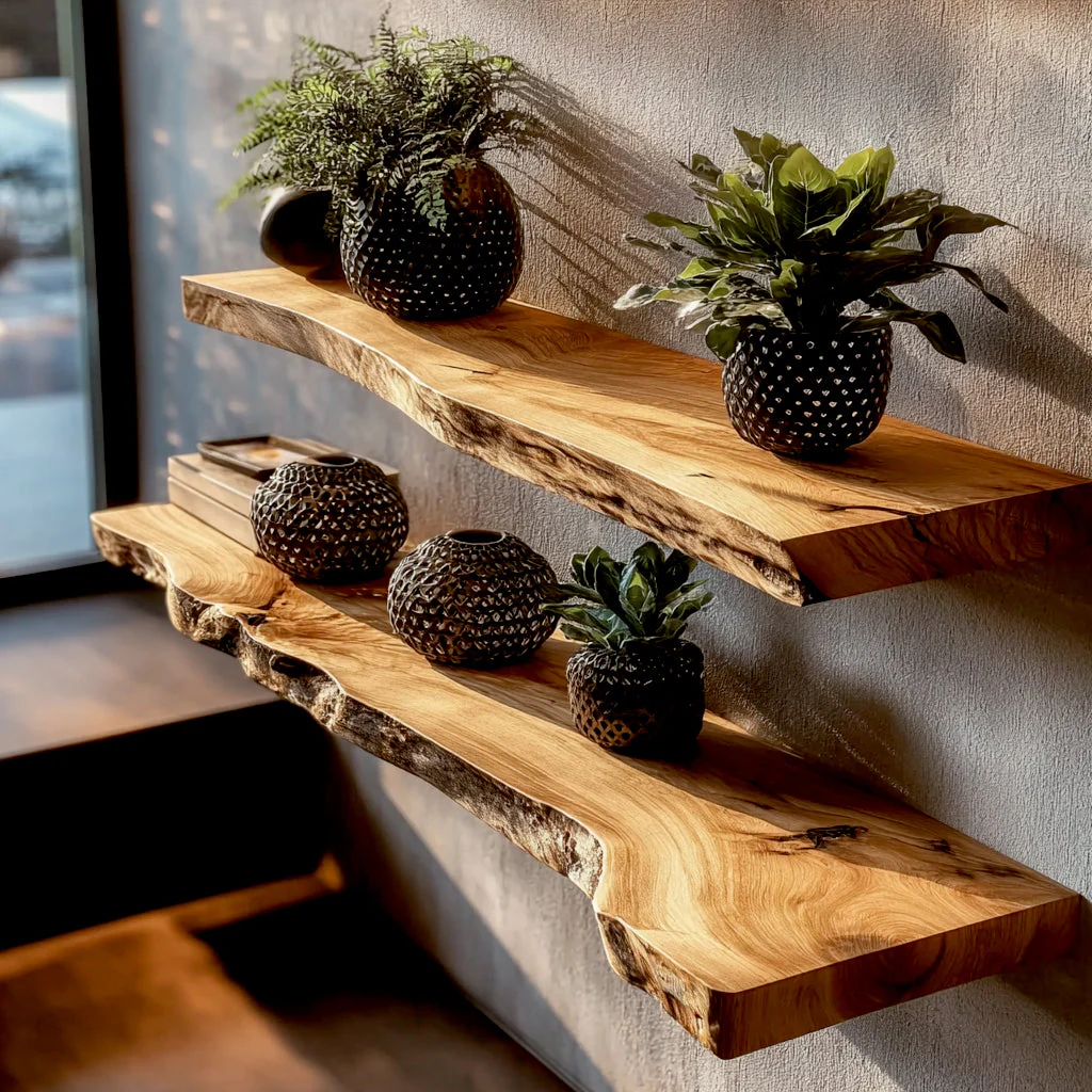 Handgemaakte Moderne Houten Planken – Natuurlijke Live Edge Zwevende Wandplank