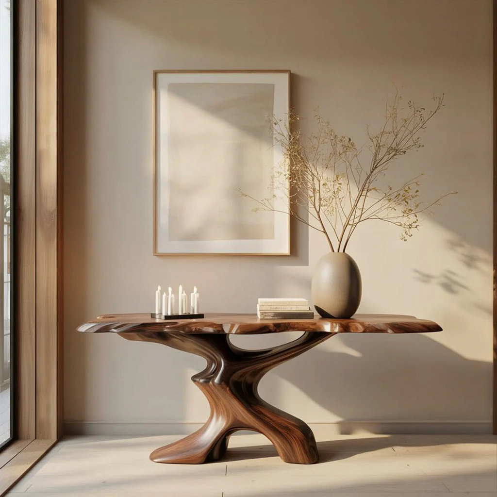 Organische Moderne Consoletafel – Live Edge Houten Tafel met Takkenbasis