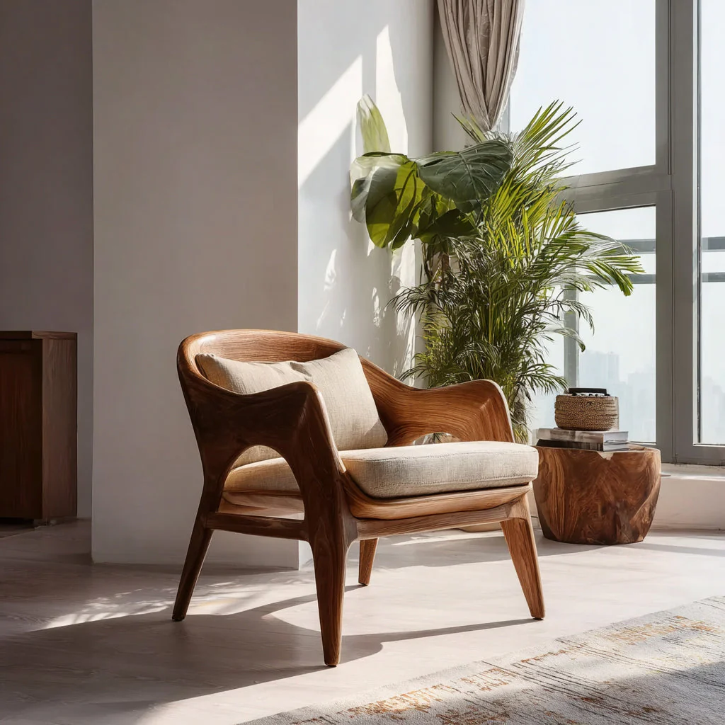 Handgemaakte Massief Houten Loungefauteuil – Modern Organisch Design Armstoel