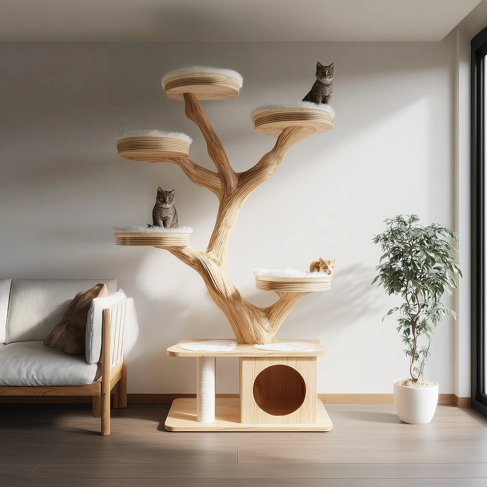 Rustieke Houten Kattenboom – Handgemaakte Muurbevestigde Klimtorenplank, Uniek Natuurlijk Kattenmeubel